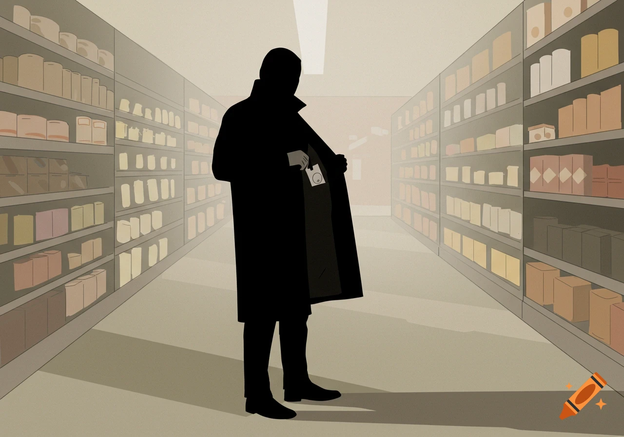 Minimalist illustration of a person in a trench coat shoplifting in a supermarket aisle.
