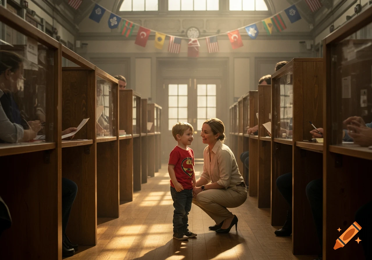 A woman crouches to speak with a young boy wearing a Superman shirt in a long hall lined with wooden voting booths and flags overhead.