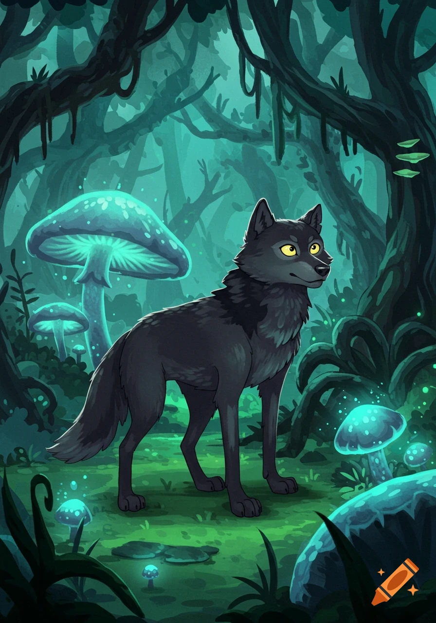 A black wolf with yellow eyes stands in a dark, glowing turquoise forest among luminous blue mushrooms in a cartoon style.