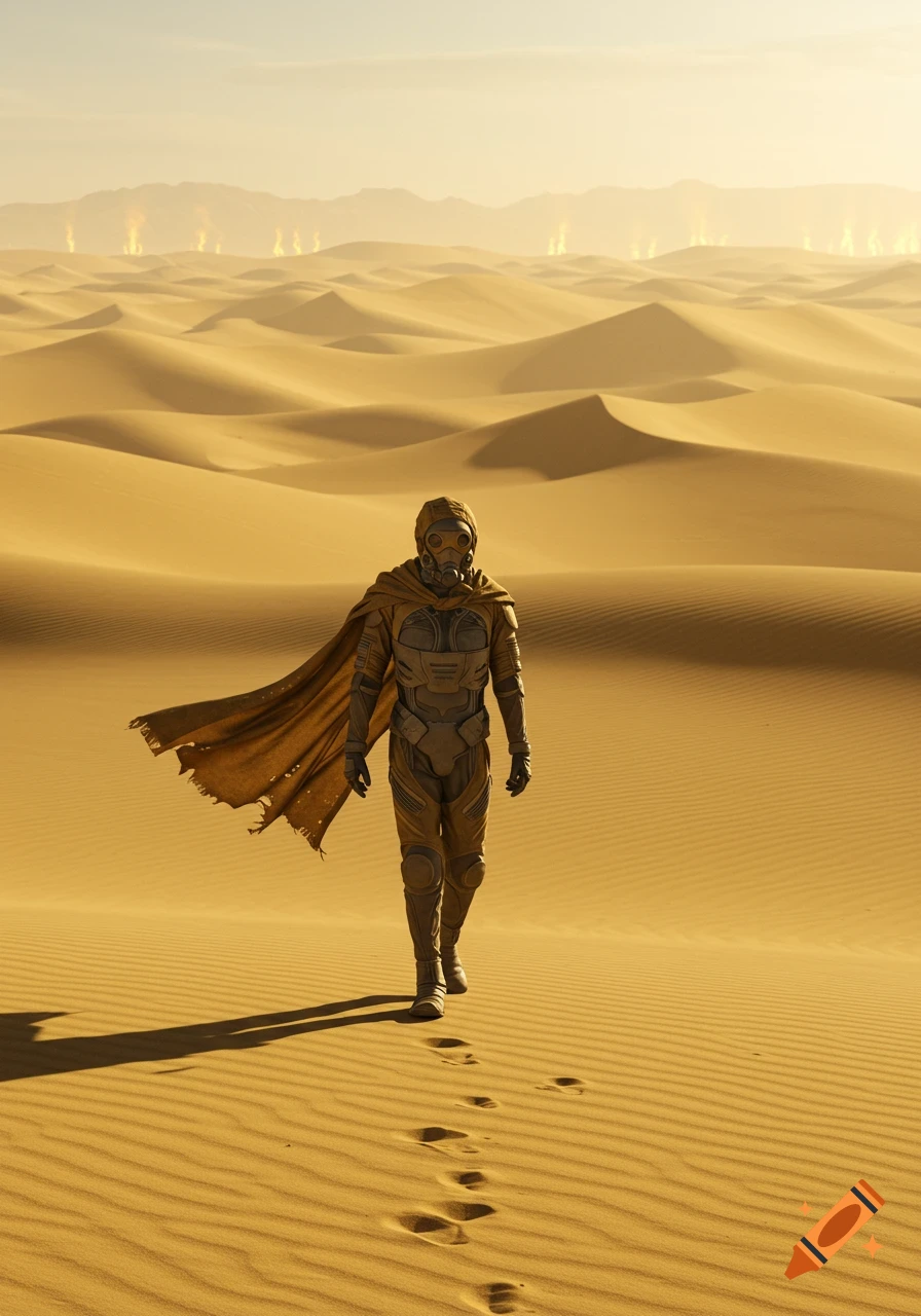 A lone figure in a stillsuit and flowing cape walks across golden desert dunes under a clear sky, with distant fires on the horizon.