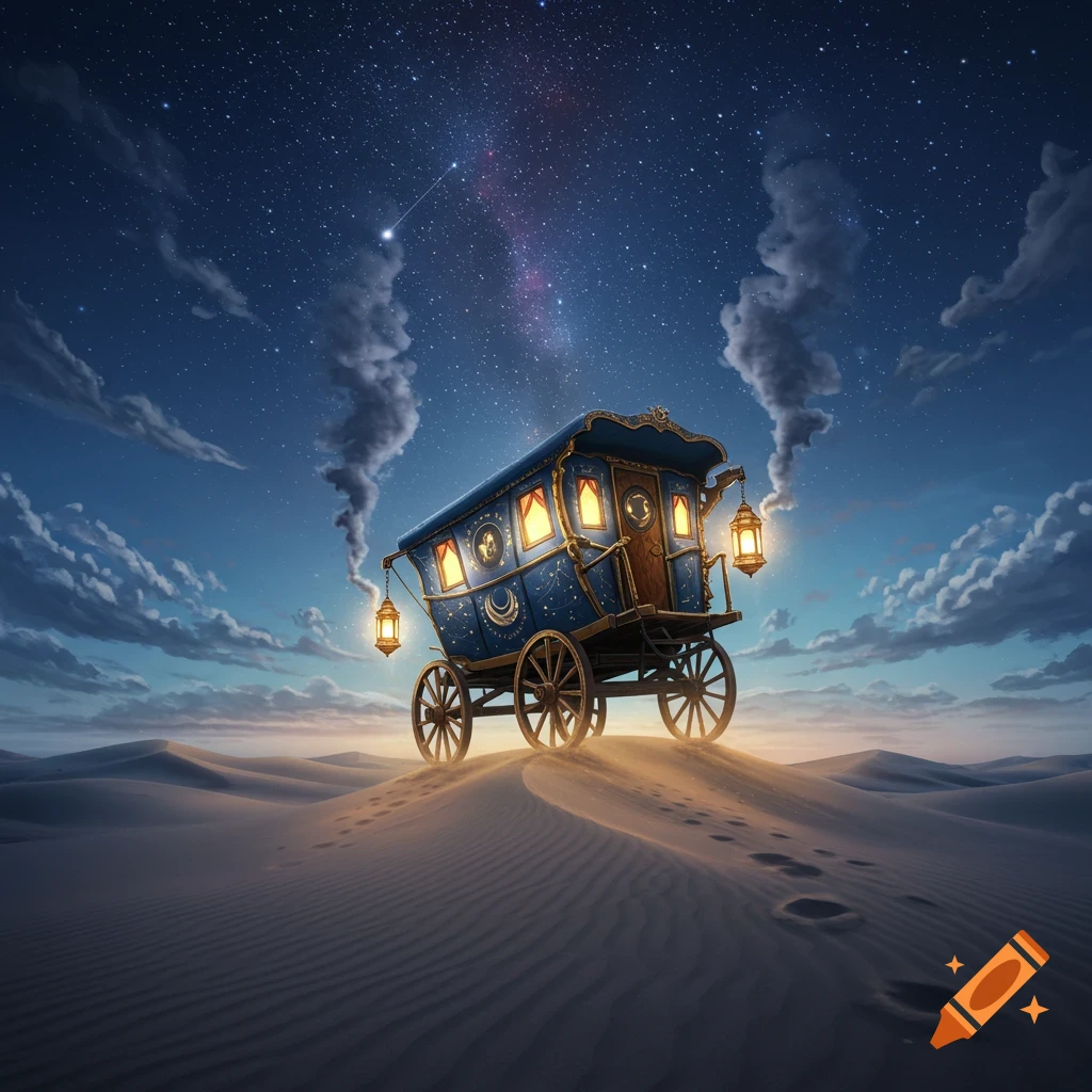 An ornate blue fantasy caravan sits on a desert dune under a starry night sky, with smoke rising from its roof.
