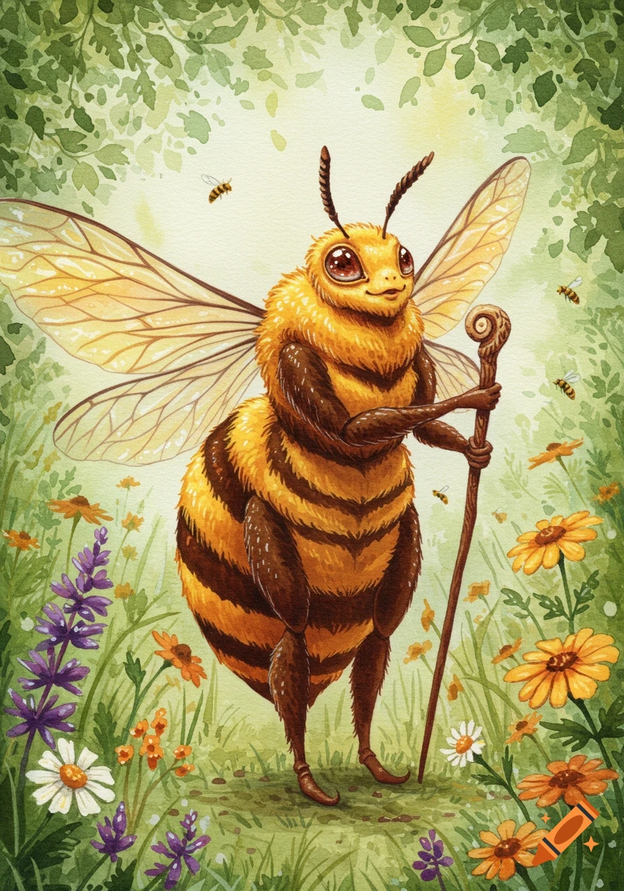 A humanoid bee with a fuzzy yellow and brown striped body stands upright, holding a wooden walking stick in a field of colorful wildflowers and green foliage, in a vibrant watercolor style.