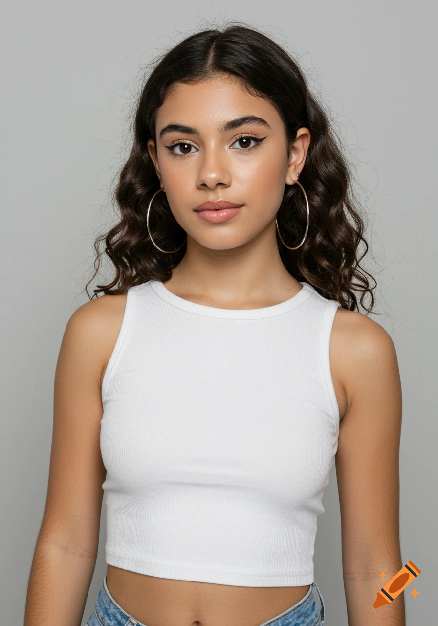 Photorealistic portrait of a young woman with dark wavy hair and hoop earrings wearing a white crop top.