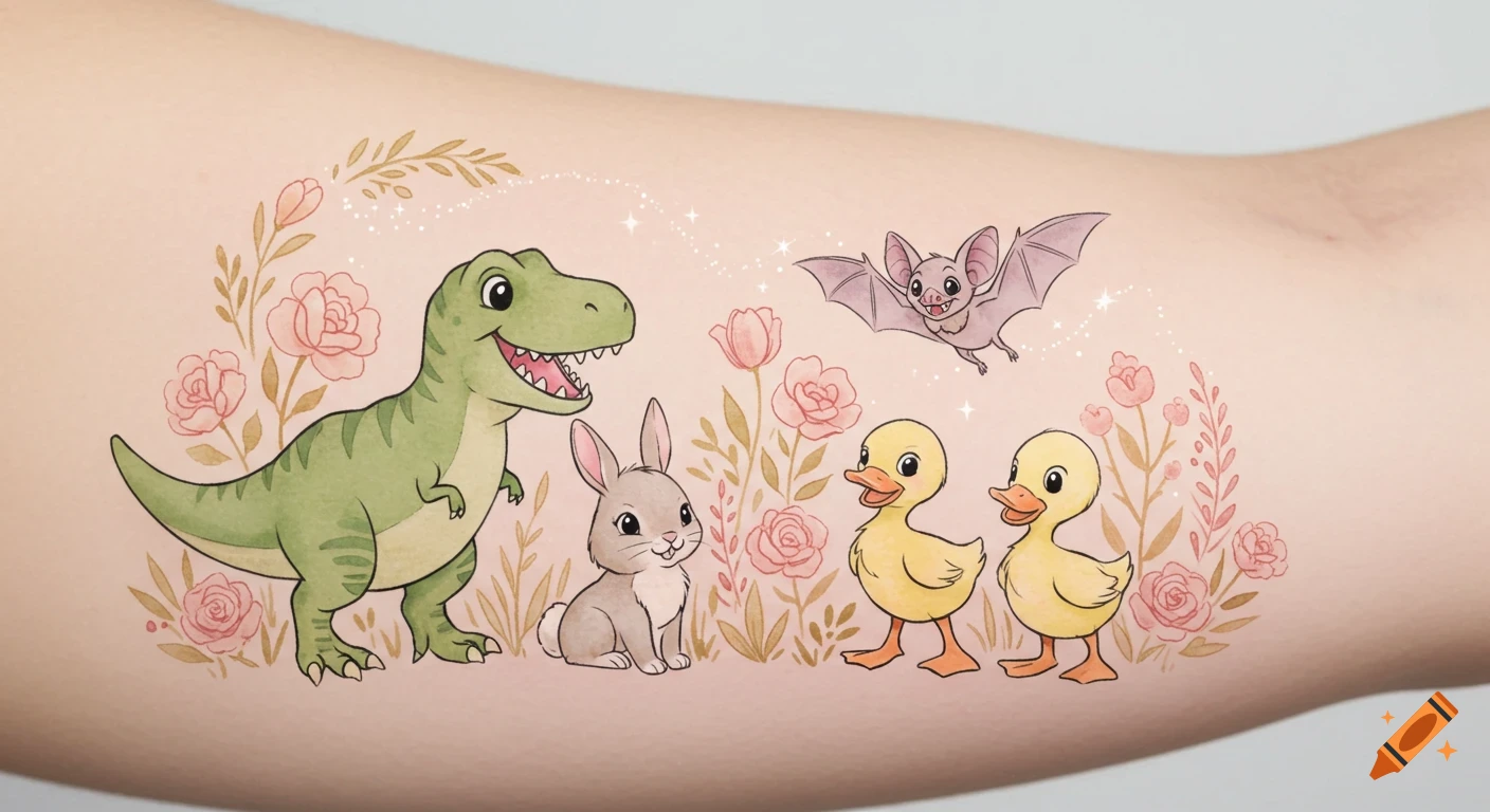 A colorful watercolor-style tattoo on an arm, featuring a cheerful green T-Rex, a grey bunny, two yellow ducklings, and a flying bat among pink roses and leaves.