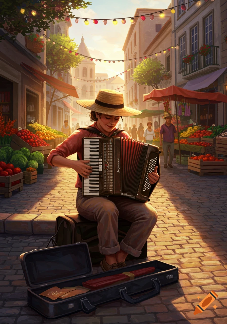 A person wearing a straw hat plays an accordion on a cobblestone street in a lively outdoor market.