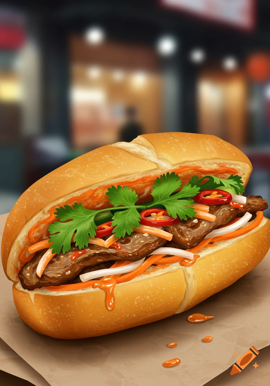 Stylized illustration of a banh mi sandwich filled with meat, cilantro, pickled vegetables, and sauce, on brown paper.