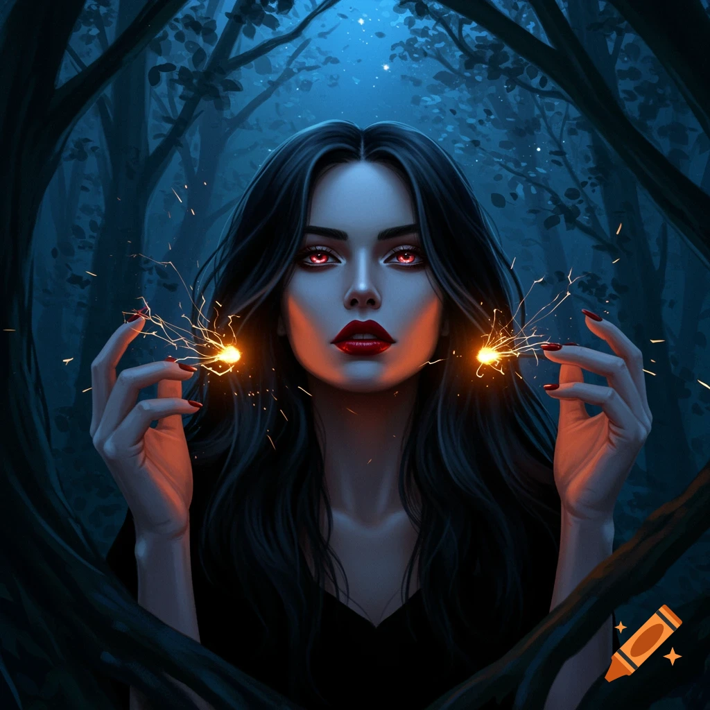 A dark-haired woman with glowing red eyes and ruby lips stands in a blue forest, holding sparklers that emit bright light. Stylized digital art.