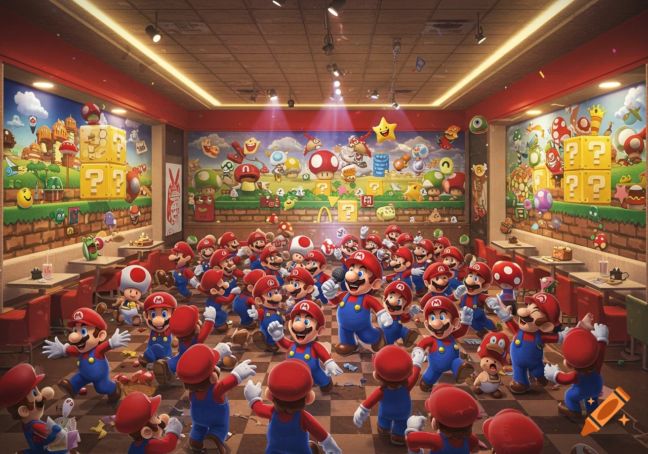 Many Marios dancing and one singing karaoke inside a McDonald's restaurant decorated with Super Mario Bros. Mushroom Kingdom murals.