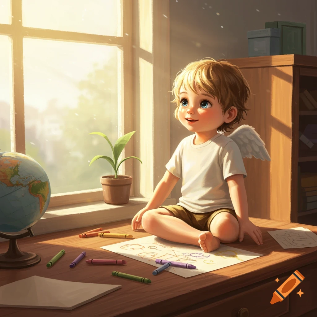 A cute child with small wings sits on a wooden desk, drawing with crayons, bathed in sunlight from a window.