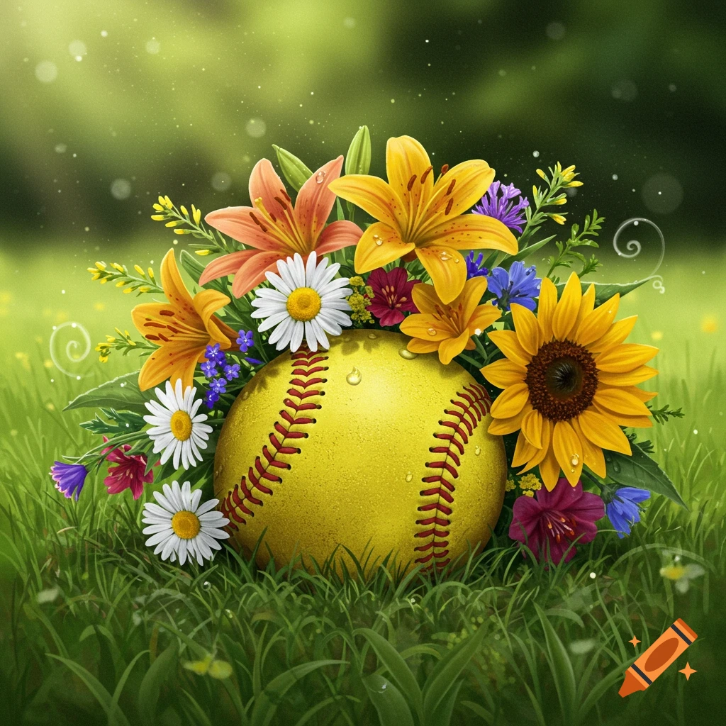 A bright yellow softball nestled in green grass, surrounded by a vibrant bouquet of colorful lilies, sunflowers, and daisies.