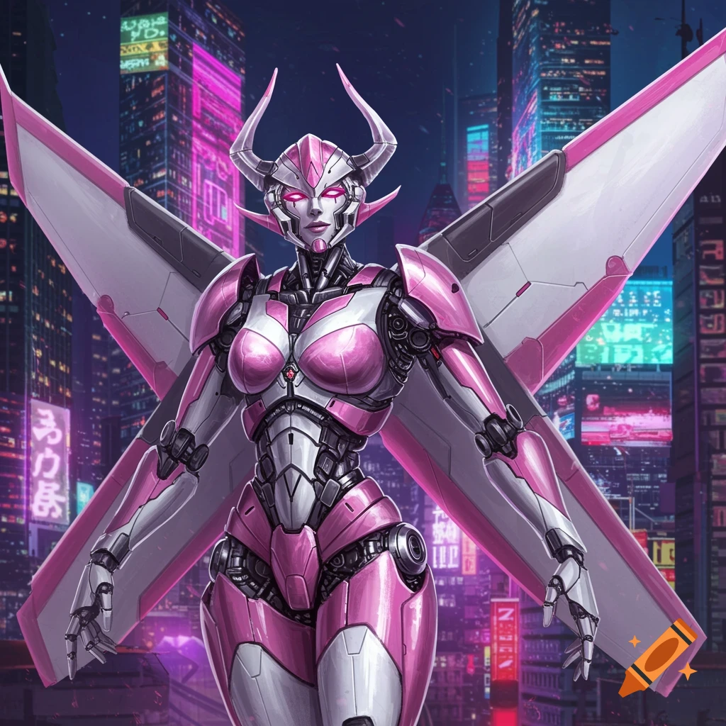Pink and white female robot with horns and jet wings stands in a futuristic city at night.