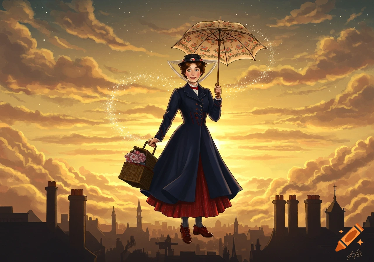 Illustrated Mary Poppins floats above a city skyline at sunset, holding an open umbrella and a basket, with magical sparkles around her.
