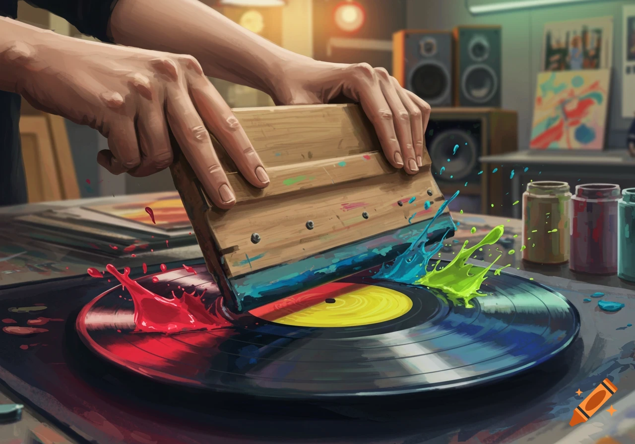 Hands use a squeegee to screen print vibrant red, yellow, blue, and green paint onto a black vinyl record in a studio setting.