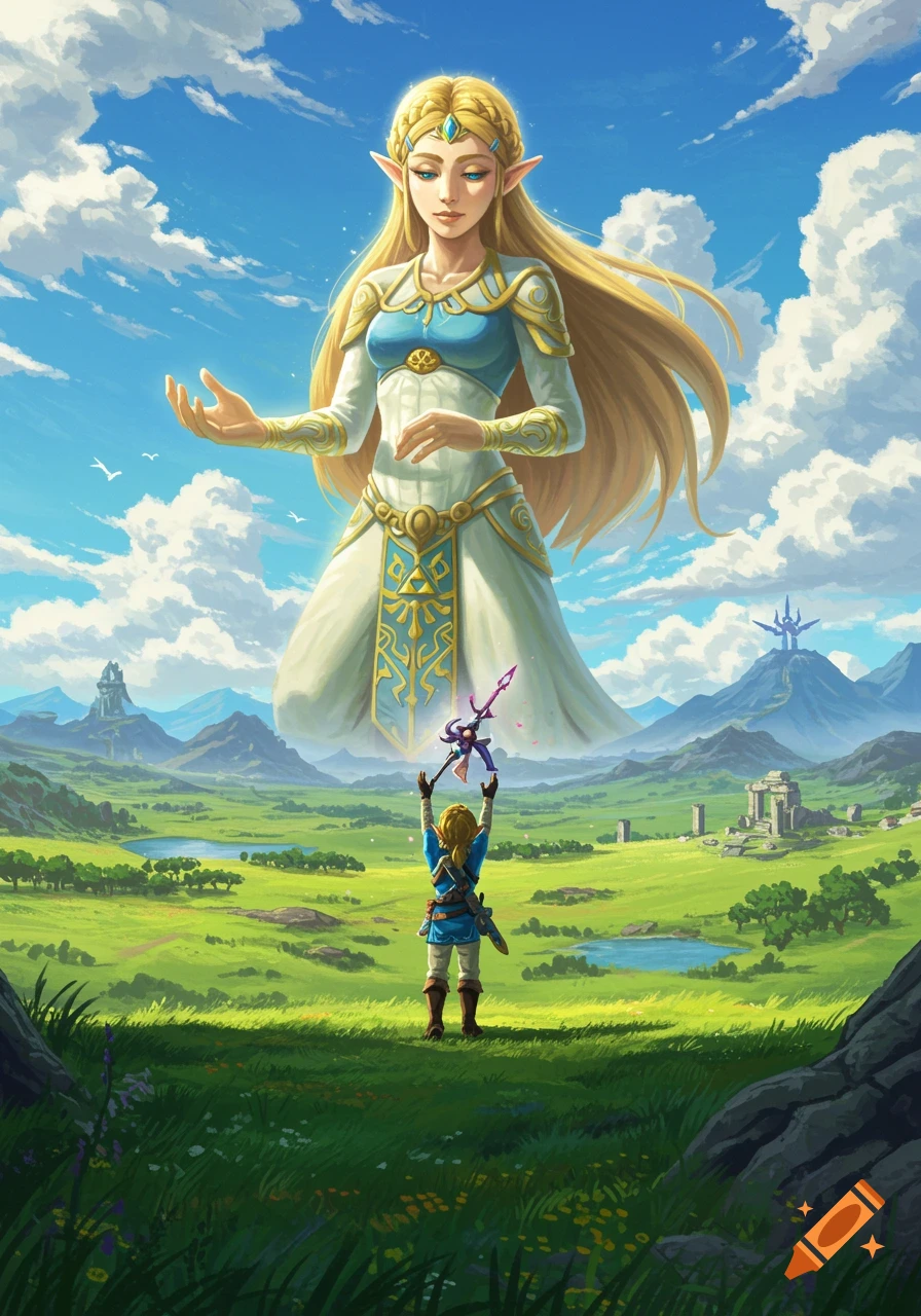 A giant Zelda floats above Link, who holds a sword up in a vast green field with mountains under a blue sky. Video game art.
