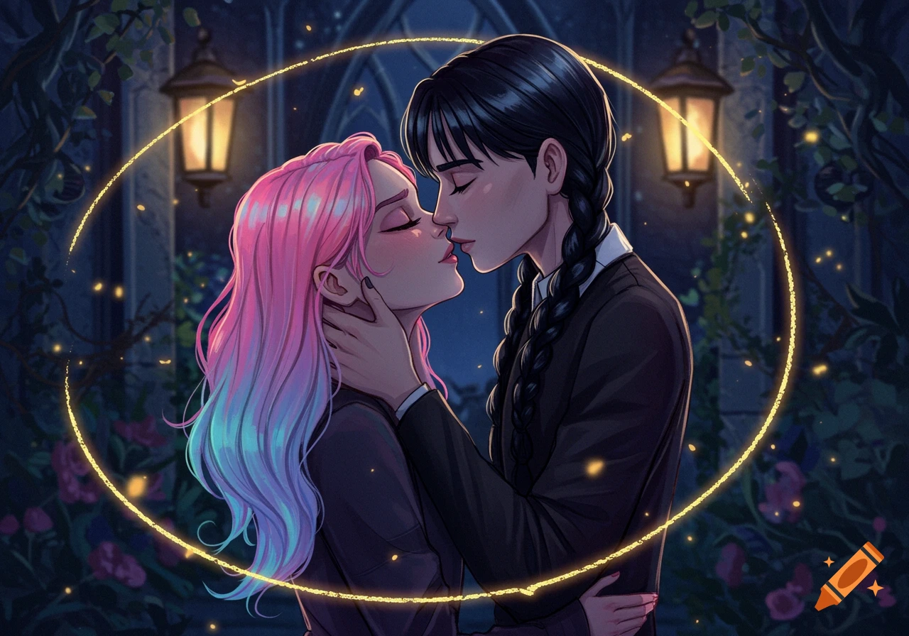 Wednesday and Enid from the series Wednesday share a tender kiss under glowing lights in a garden, illustrated in an anime style.