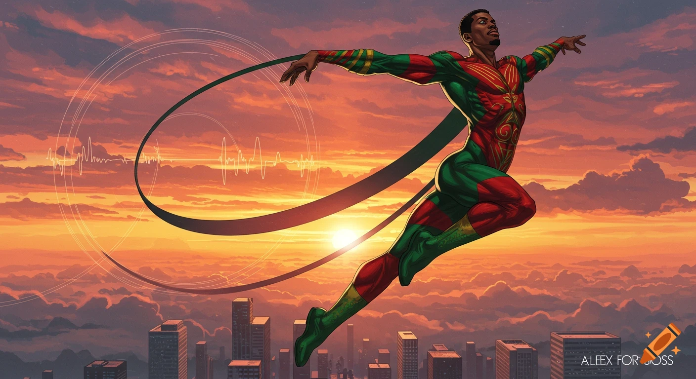 A Black male superhero in a red, black, and green suit flies above a city skyline at sunset in a comic book art style.
