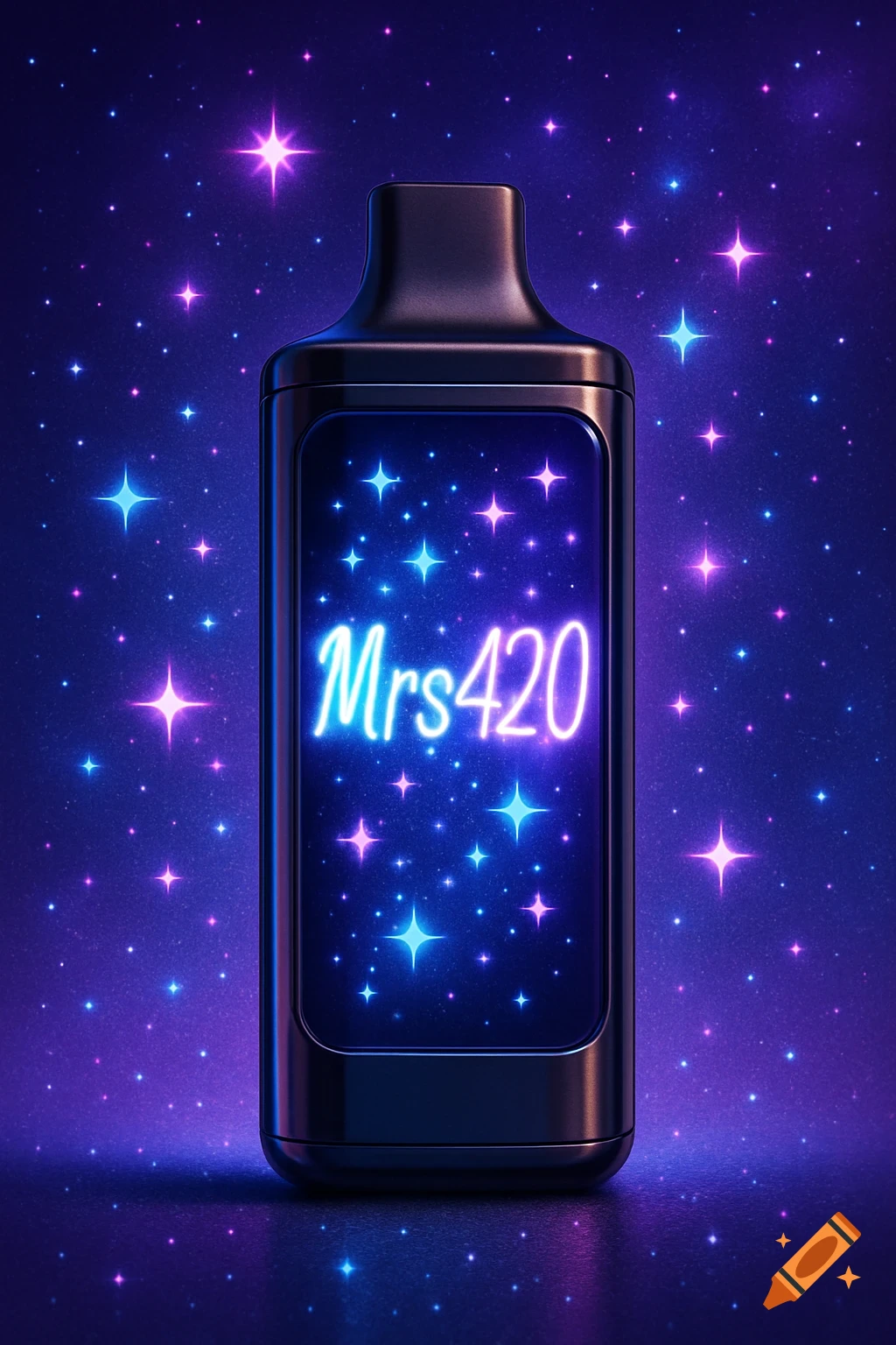 A black vape device with a neon 'Mrs420' display and glowing stars against a purple and blue starry background.