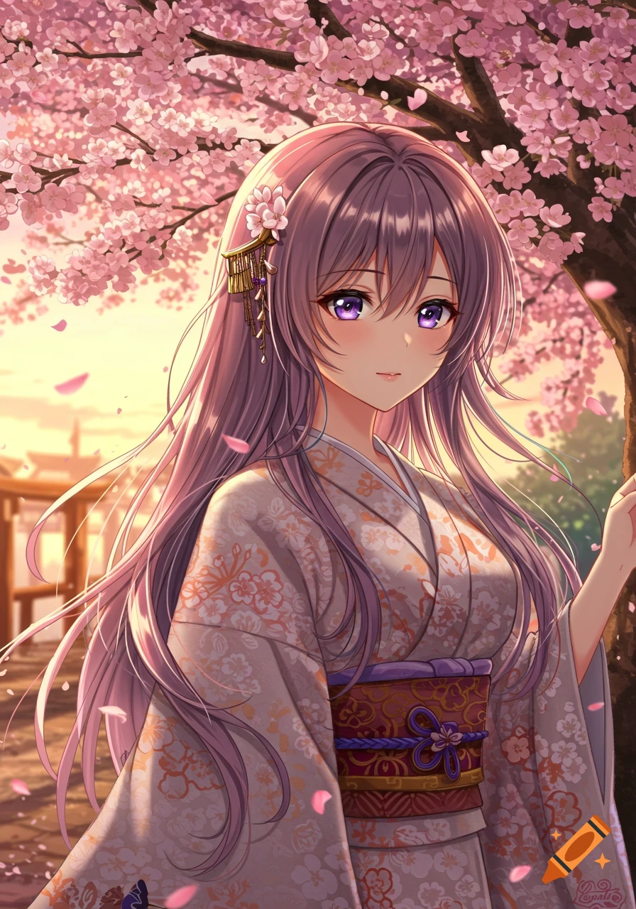 An anime girl with long purple hair and purple eyes wears a white and orange kimono under blooming pink cherry blossom trees at sunset.