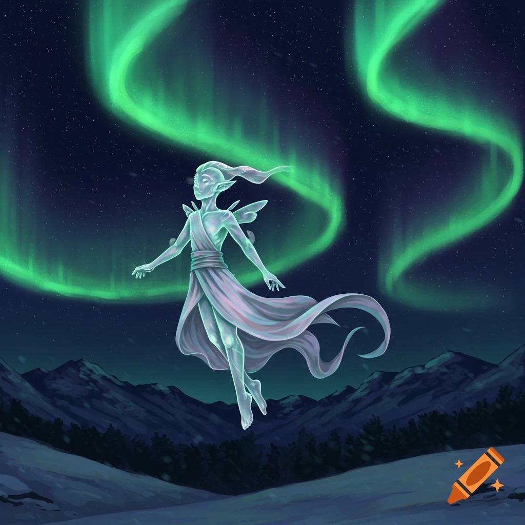 A luminous fantasy figure floats in a night sky filled with vibrant green northern lights above snowy mountains.