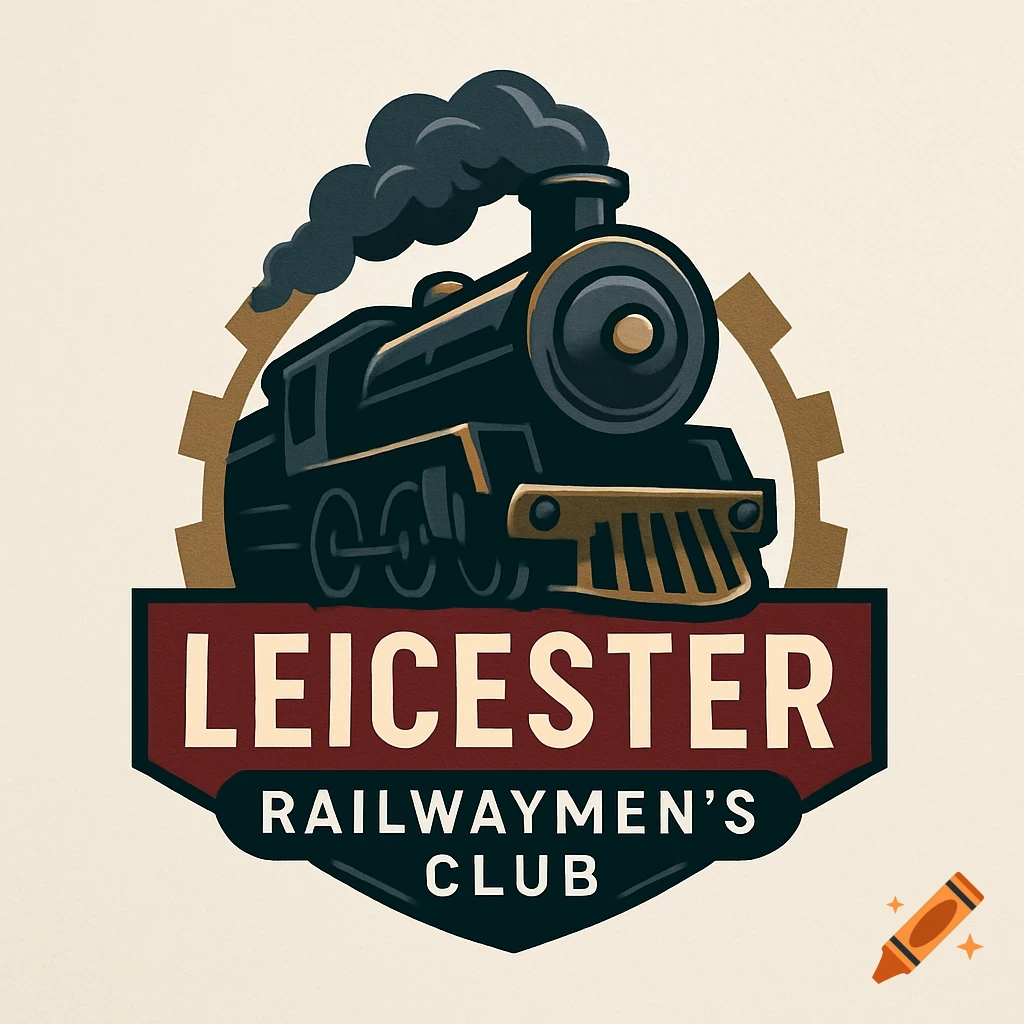 A vintage-style black train with smoke on a red and black shield logo reading 'LEICESTER RAILWAYMEN'S CLUB'.