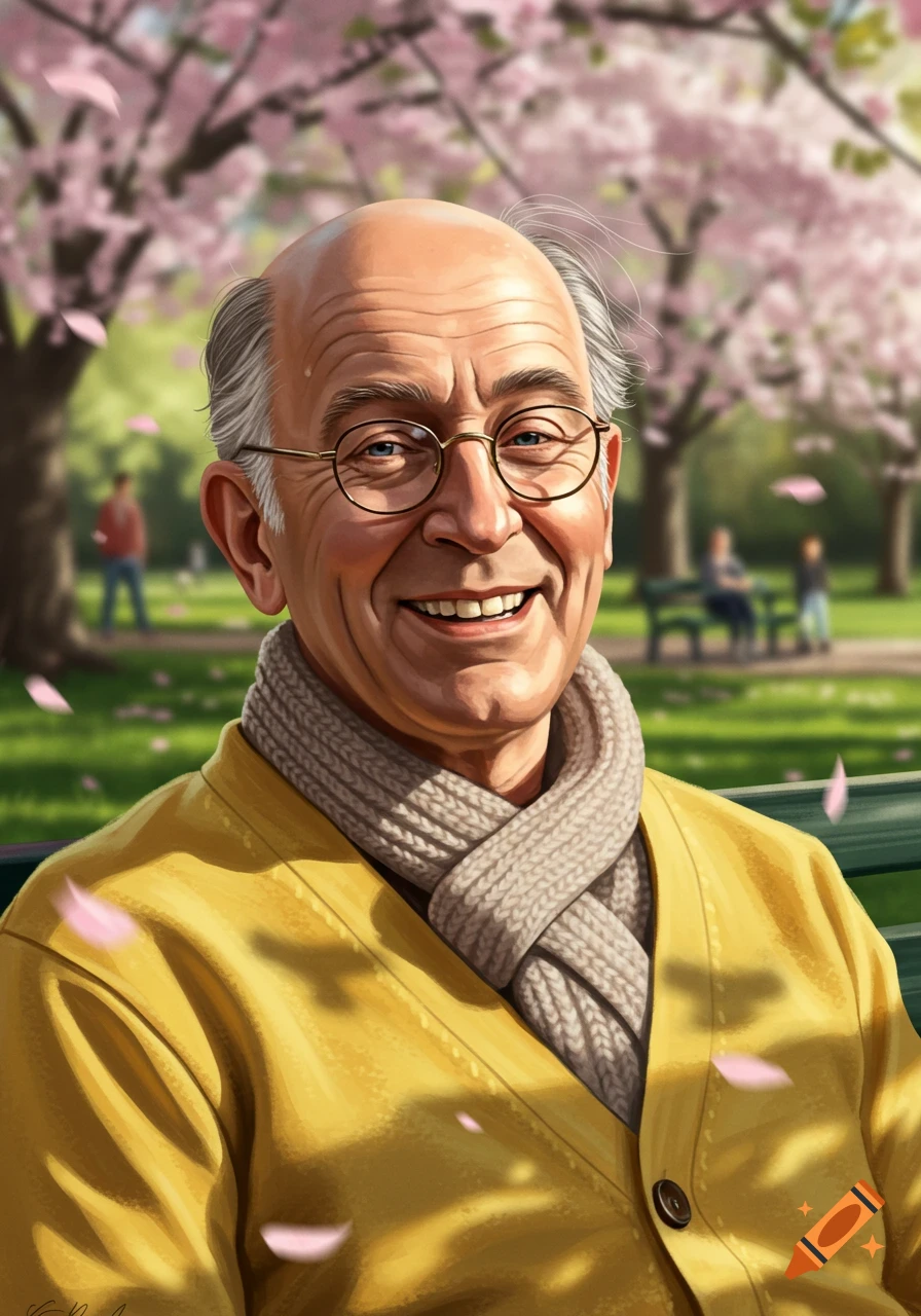 An illustration of a smiling elderly man with glasses, a yellow cardigan, and a scarf, sitting in a park with pink cherry blossoms.