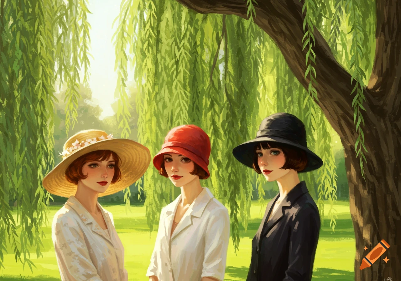 Three women in vintage hats and dresses stand under a weeping willow tree in a sunny, painted garden.