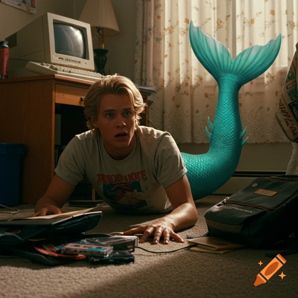 A young blonde man with a mermaid tail lies in shock on a bedroom floor next to a vintage computer and backpack.