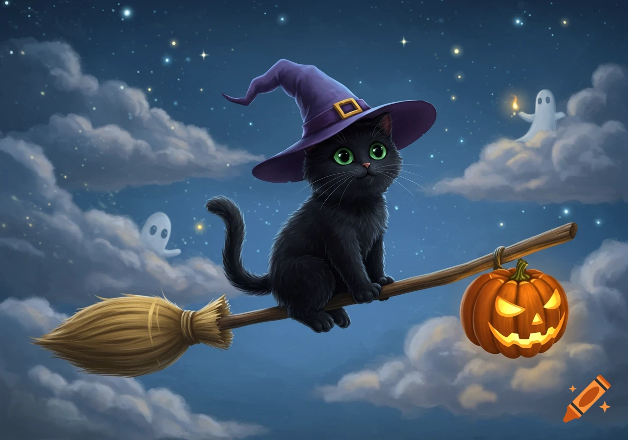 Cute black cat in a witch hat flying on a broomstick with a glowing pumpkin under a starry night sky with ghosts.
