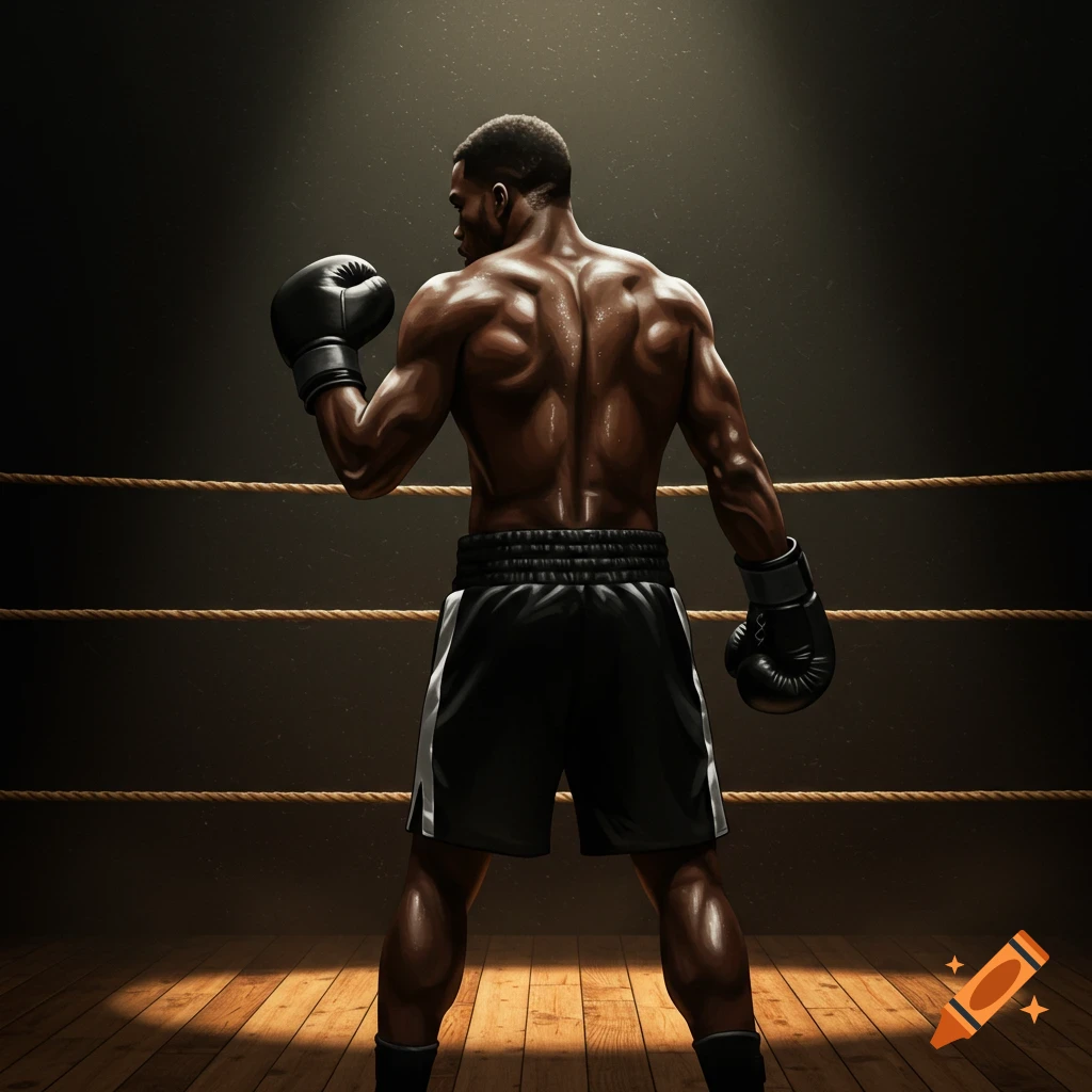 A muscular black boxer in black shorts and gloves stands in a boxing ring, viewed from behind, under a spotlight.