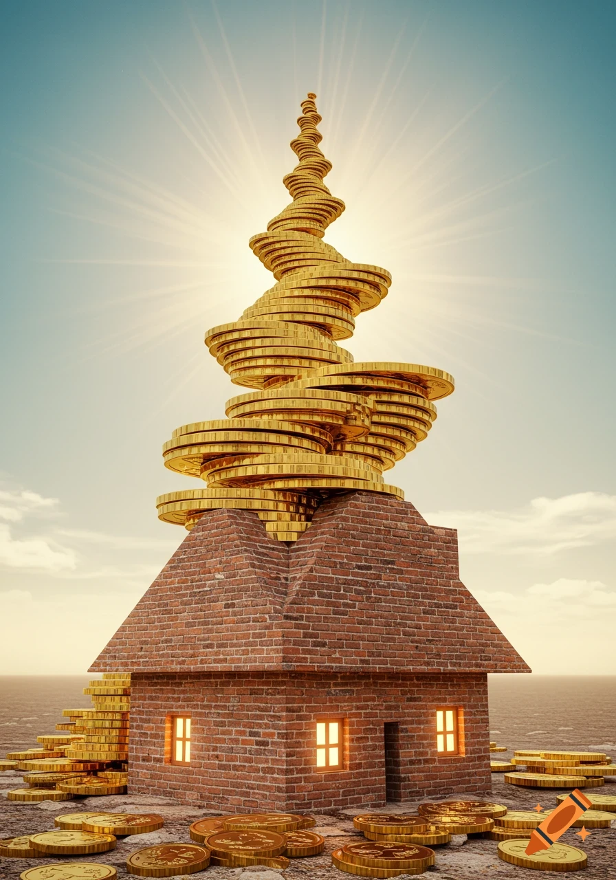 A brick house with a tall, spiraling stack of golden coins on its roof, surrounded by more scattered coins under a bright sky.