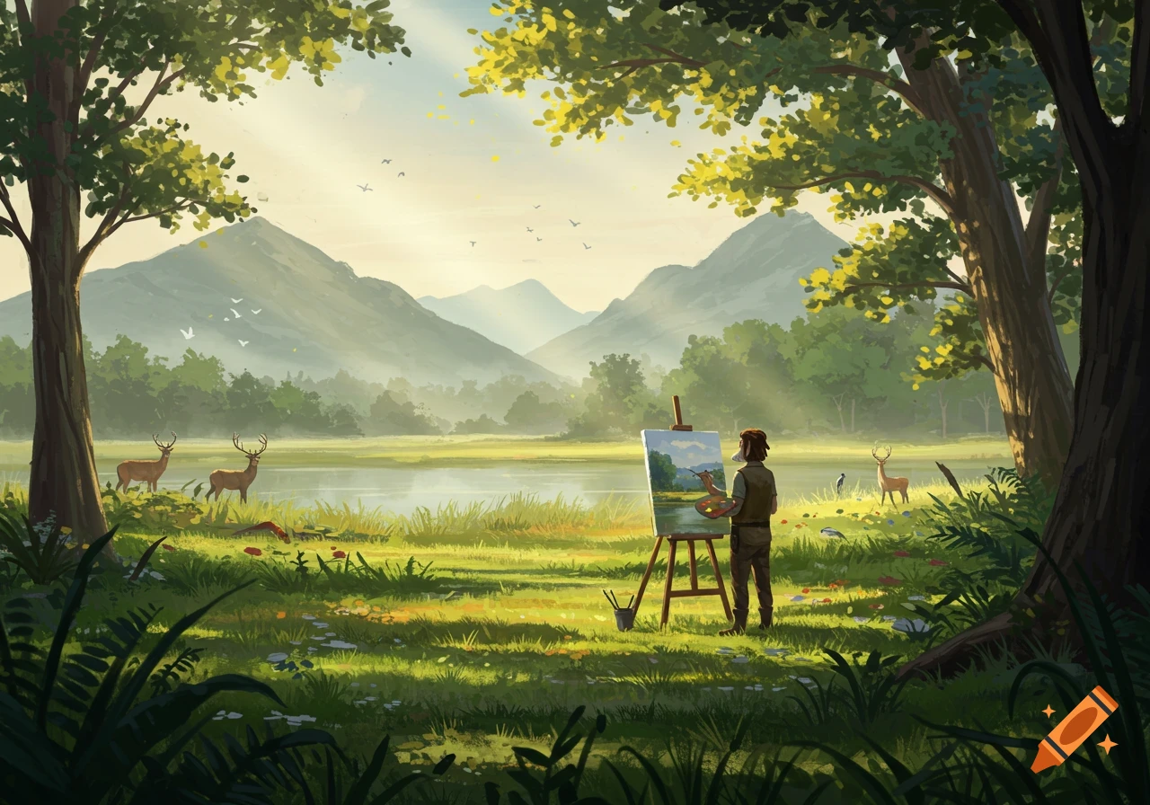 A person paints a serene landscape with deer, a lake, trees, and mountains in the distance, bathed in sunlight.