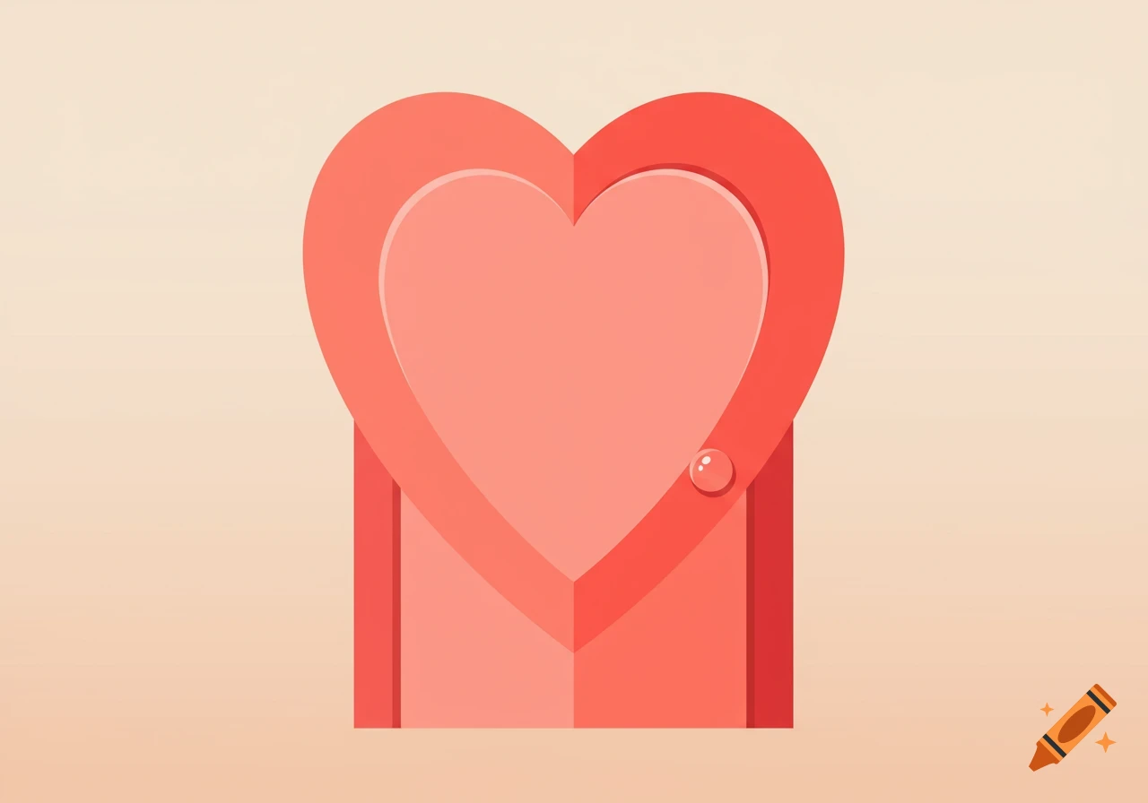 A minimalist illustration of a heart-shaped door in shades of red and pink on a light background, with a small drop.