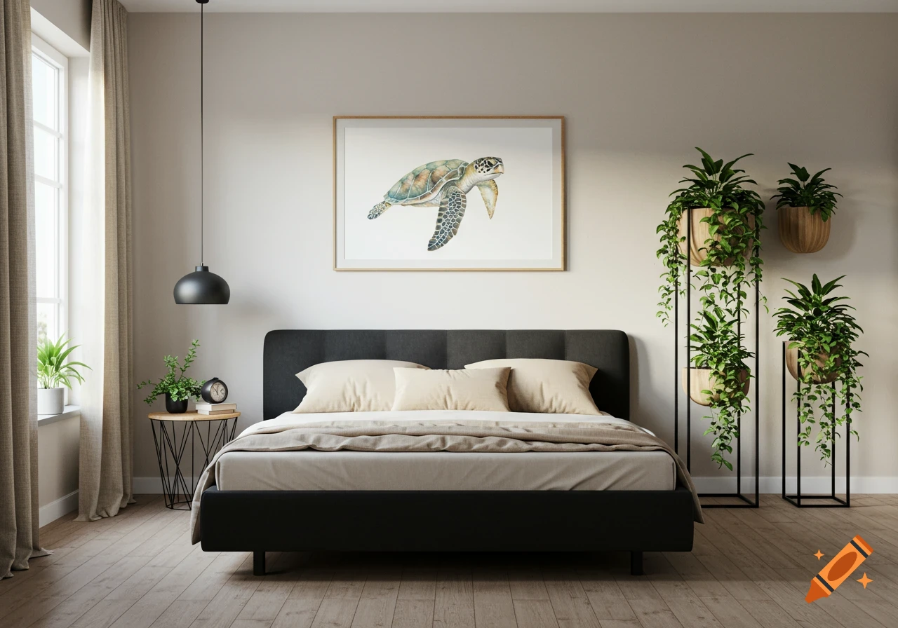 A modern natural style bedroom with a black bed, a window with curtains, a watercolor sea turtle painting, and green plants.