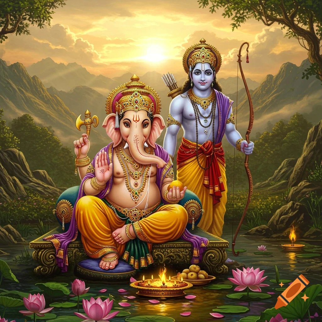 Ganesha sits on a throne, holding a ladoo and axe, while Rama stands beside him with a bow and arrow, amidst lotus flowers and a sunset.