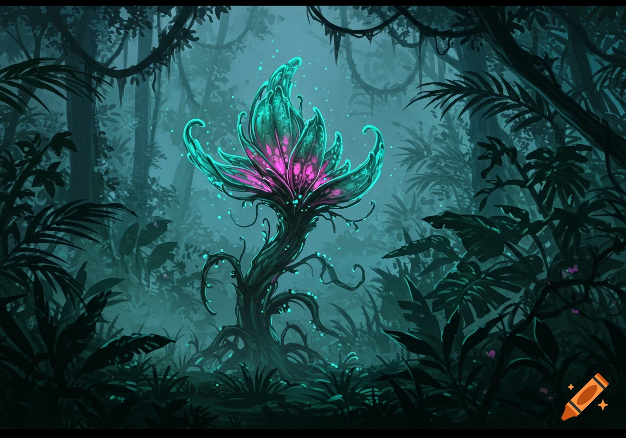 A vibrant, glowing blue and pink fantastical plant stands in a dark, lush jungle in a stylized illustration.
