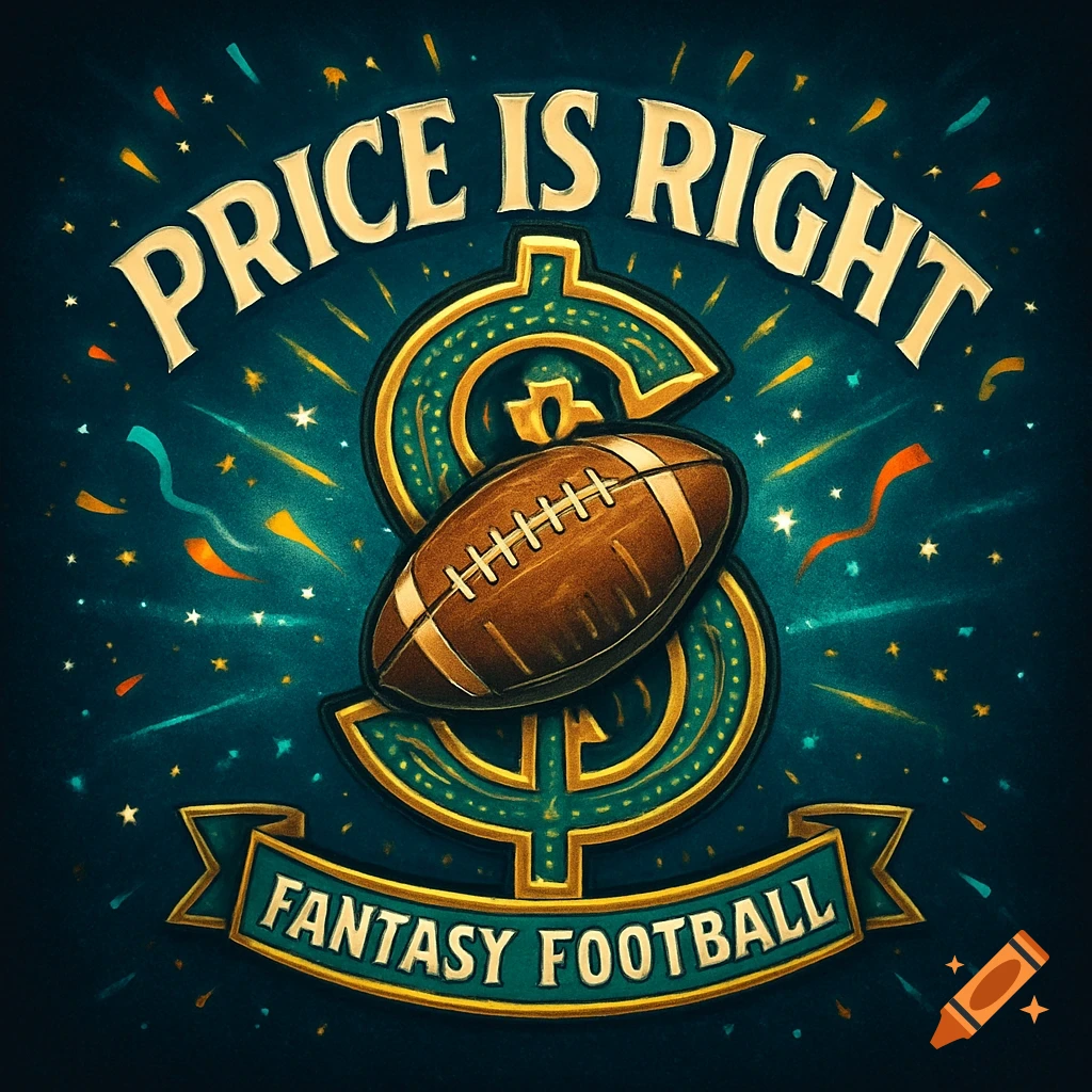 Vibrant fantasy football logo with a dollar sign, football, and text 'PRICE IS RIGHT' and 'FANTASY FOOTBALL' on a teal background.