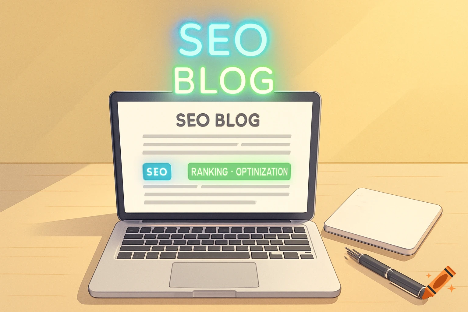 A laptop displaying an SEO blog, with glowing 'SEO BLOG' text above, next to a notepad and pen in a clean digital illustration style.