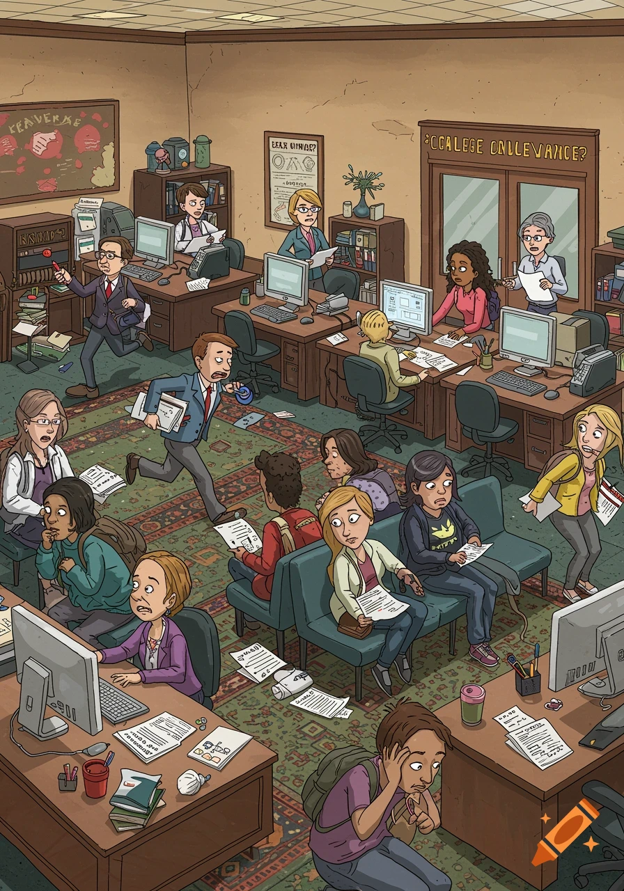 A cartoon illustration of a chaotic college advising office, with frantic advisors and anxious students amid scattered papers.