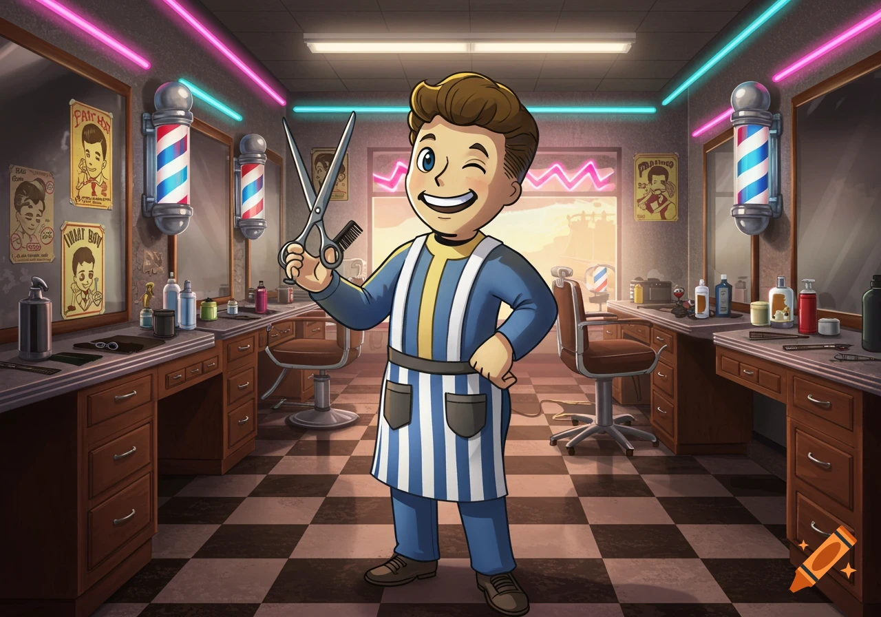 A winking cartoon Vault Boy holding scissors in a retro-futuristic barber shop with glowing neon lights.
