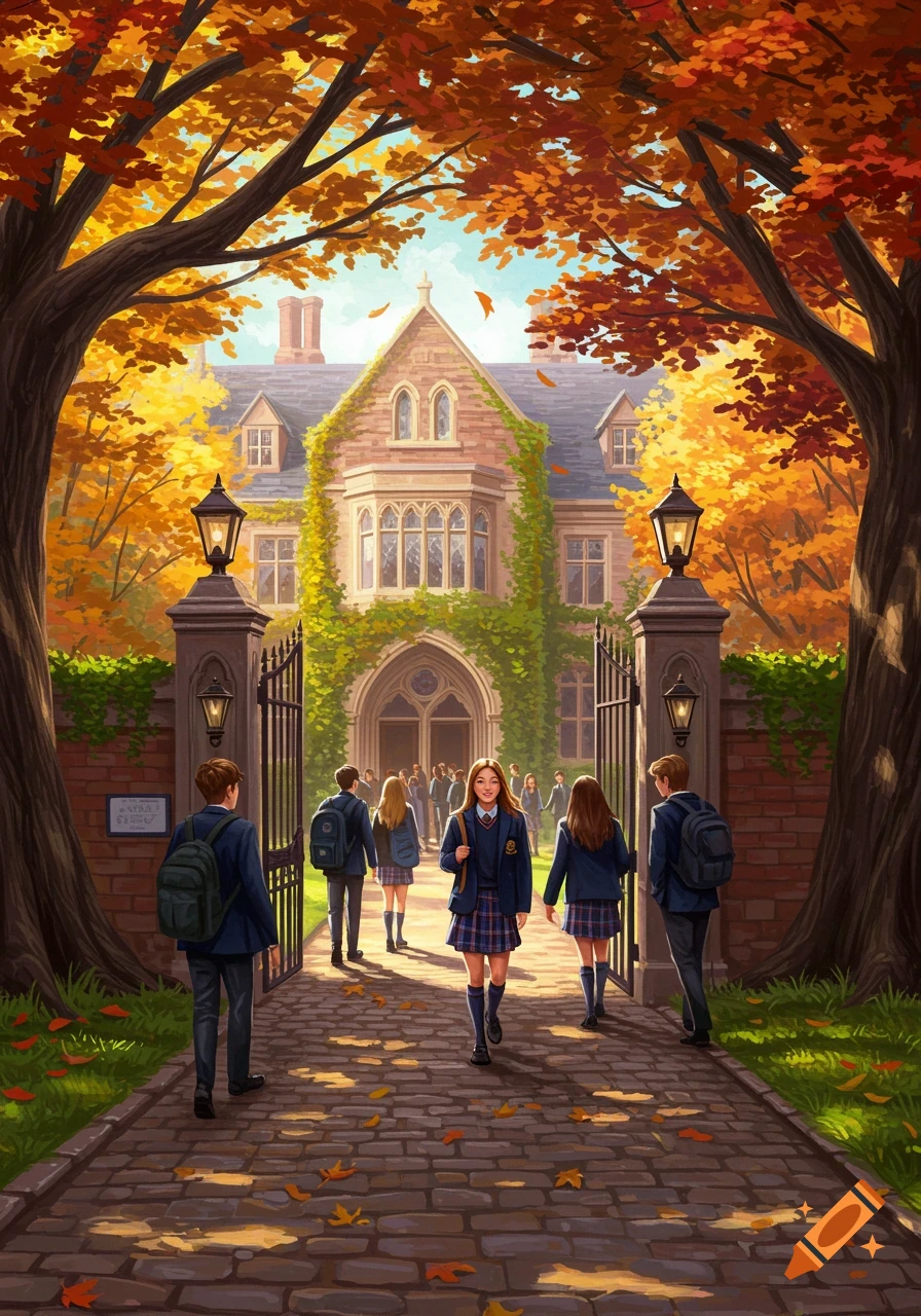 Students in uniforms walk on a stone path towards a large, ivy-covered school building framed by vibrant orange and yellow autumn trees.