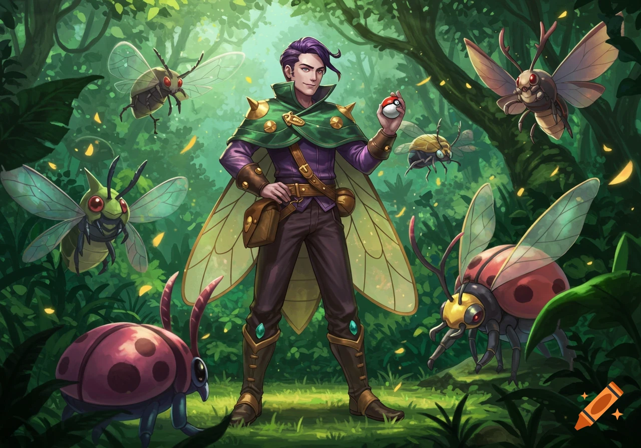 A male Pokemon trainer with purple hair and insect wings in a lush forest, surrounded by various bug-type Pokemon, holding a Pokeball.