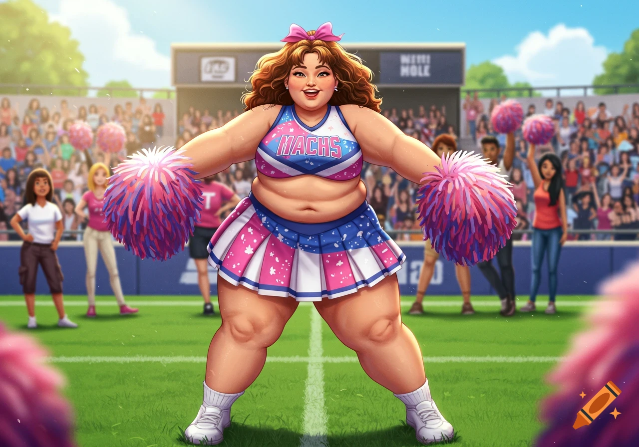 A chubby cheerleader in a pink and blue uniform with pom-poms stands on a football field in front of a stadium crowd, in an illustrative style.