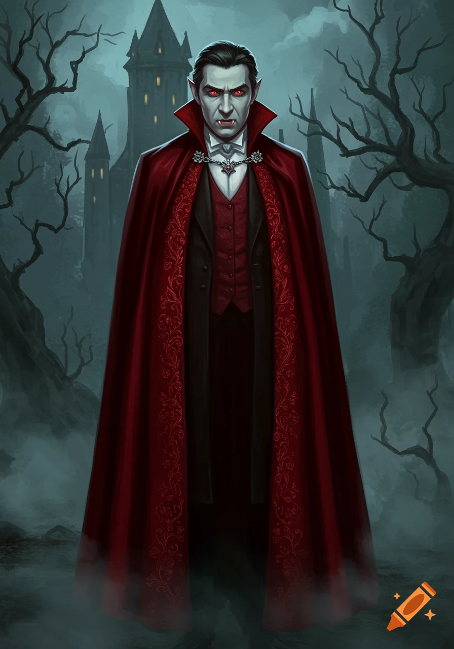 Full-body portrait of Dracula in a red cape with red eyes and fangs, standing ominously before a dark, misty castle.