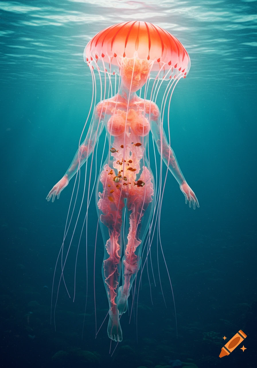 A humanoid jellyfish creature with a red bell and translucent body containing small fish swims in deep blue water.