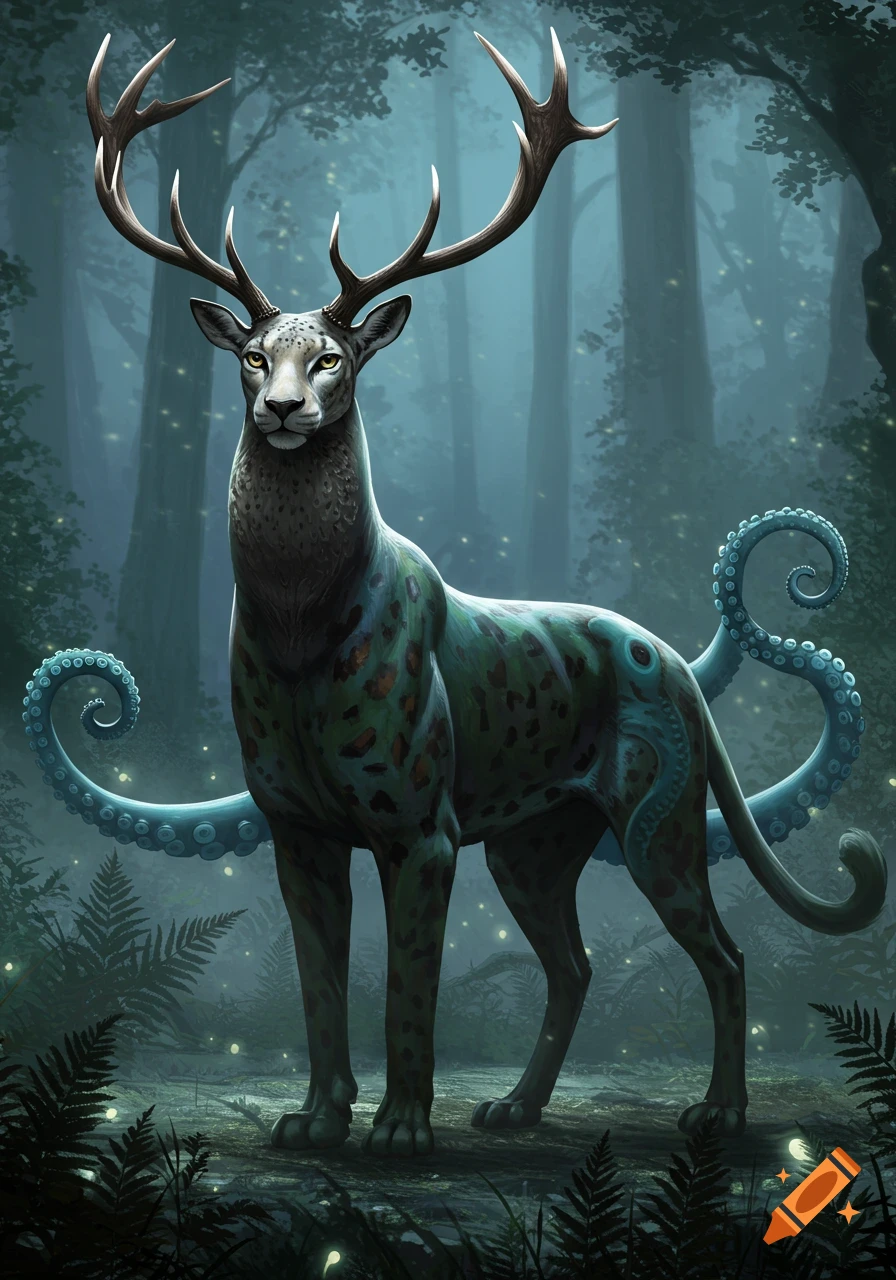 A fantastical creature with deer antlers, a leopard body, and octopus tentacles as a tail stands in a mystical forest.