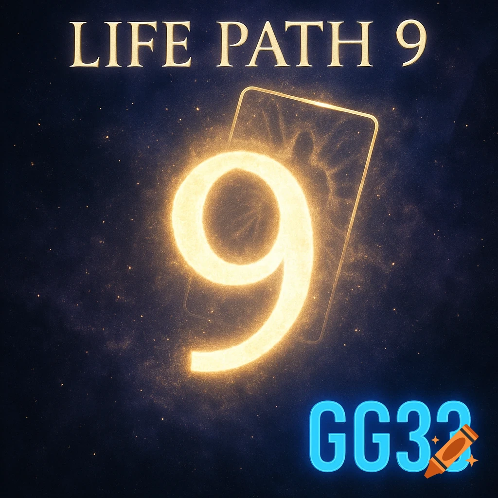 A glowing number nine in front of a tarot card outline, with 'LIFE PATH 9' at the top and 'GG33' at the bottom, against a cosmic starry background.