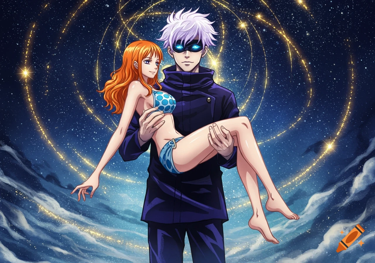 Anime style illustration of Gojo Satoru carrying Nami in a blue bikini against a starry cosmic background.