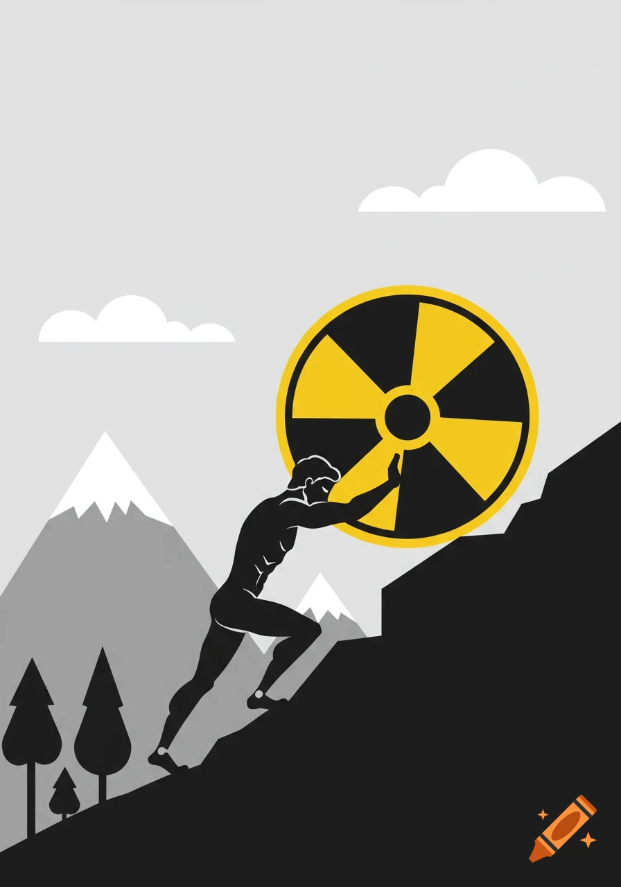 A stylized black figure resembling Sisyphus pushes a large yellow radiation symbol up a dark hill, with mountains and clouds in the background.