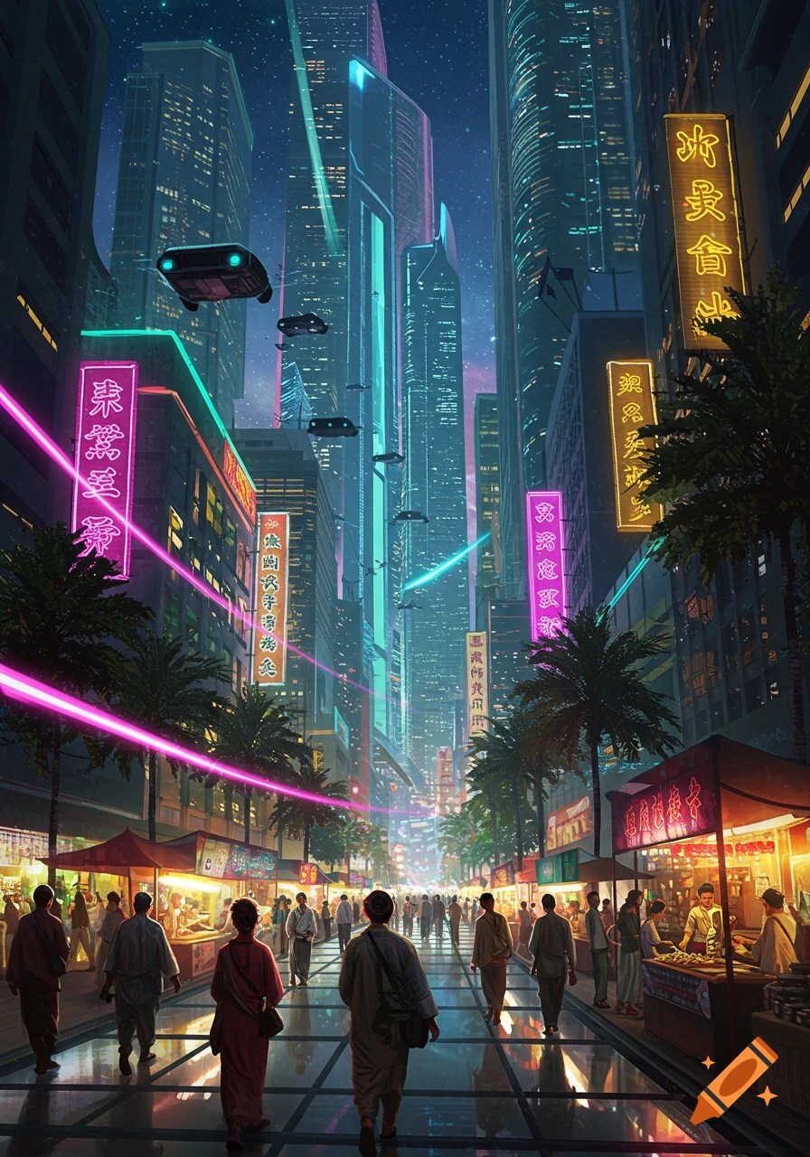 A vibrant cyberpunk cityscape at night with neon signs, flying vehicles, and a bustling street market.