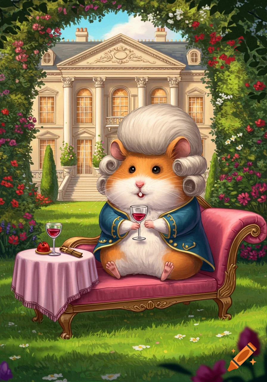 A cute hamster in a powdered wig and blue jacket sips wine on a pink lounge in a lush garden before a grand mansion.